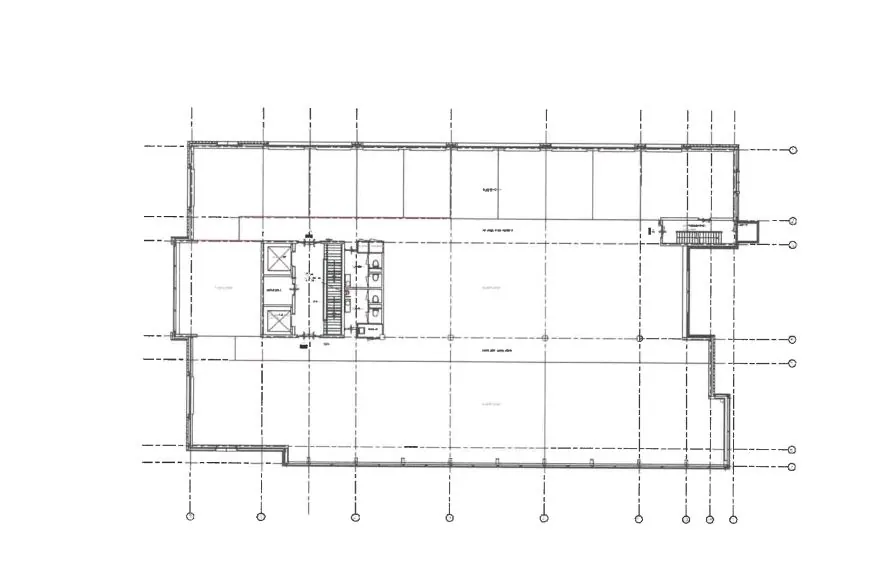 Technische plattegrond van een verdieping van een gebouw aan de Fascinatio Boulevard met ingetekende lift- en trapkamers.
